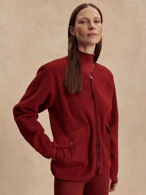 Varley Marina Collarless Fleece Jacket in Red Dahlia VAR01116